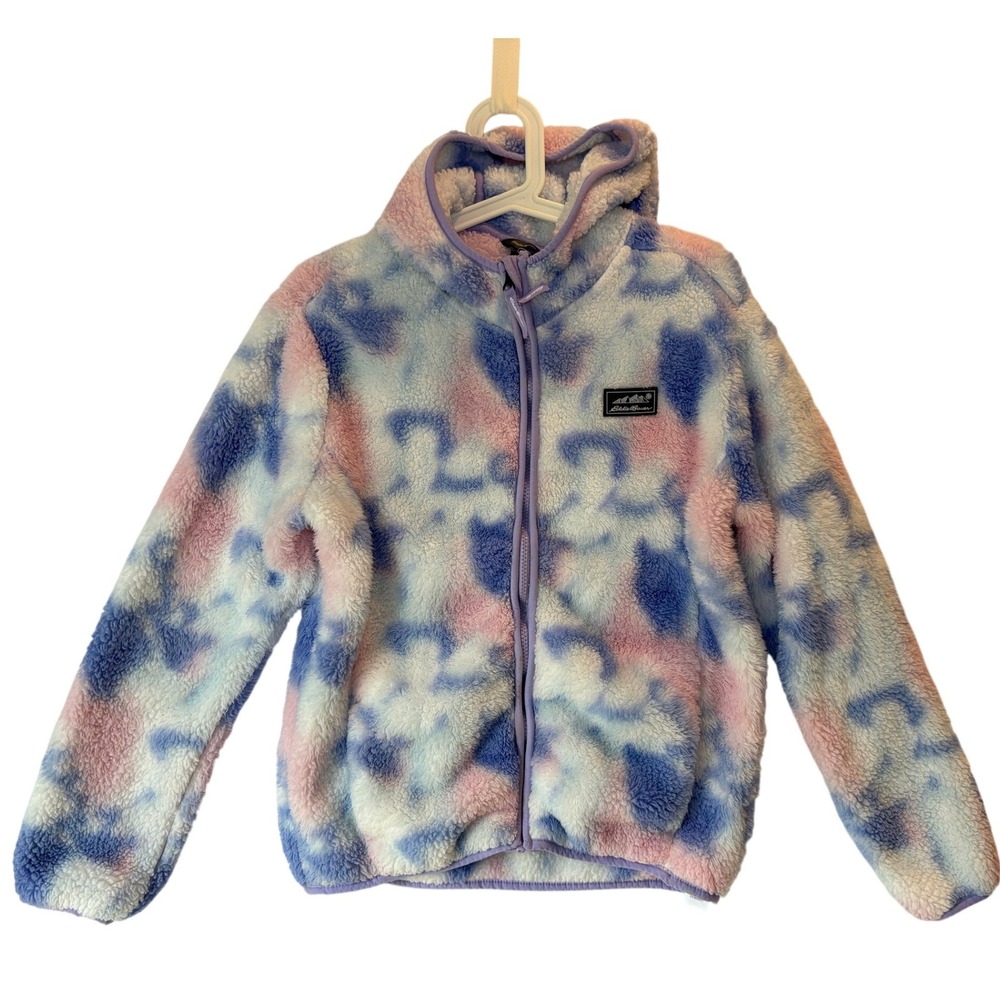 Eddie Bauer Kids Sherpa Fleece Hoodie‎ Jacket Purple Blue Tie Dye L 14/16